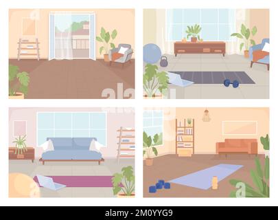 Inventory and place for home exercising flat color vector illustrations set Stock Vector
