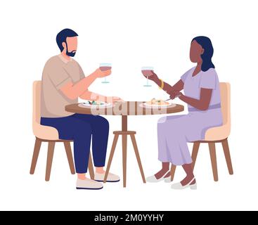 Couple on date drinking wine and eating meals semi flat color vector characters Stock Vector