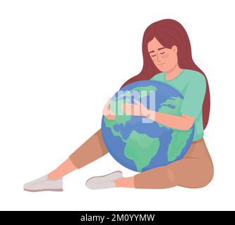Lady embracing Earth planet semi flat color vector character Stock Vector