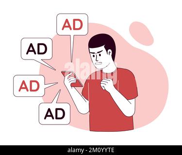 Man annoyed by ads 2D vector isolated linear illustration Stock Vector