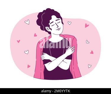 Woman hugging herself 2D vector isolated linear illustration Stock Vector