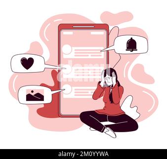 Woman overwhelmed by social media flat concept vector illustration Stock Vector