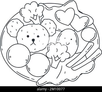 Bento kids food set doodle style illustration. Simple ink sketch childs lunch serving. Asian food isolated vector. Rice with meat, egg and vegetables Stock Vector
