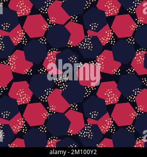 Pattern dark blue and Viva Magenta color of the year 2023 with abstract geometric shapes, golden dots. Vector illustration Stock Vector