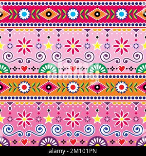 Pakistani and Indian seamless vector pattern, jingle truck art design, pink and orange cute ornament with flowers and abstract shapes Stock Vector