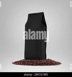 Black gusset packaging mockup for coffee, zip pack for aromatic product, pouch on coffee beans, for design, advertising. Stable container template iso Stock Photo