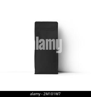 Black gusset packaging mockup for coffee, tea, zip pack with degassing valve, for design, pattern, advertising in a coffee shop. Doypack template isol Stock Photo