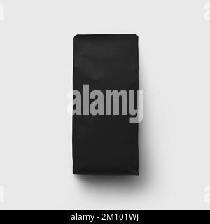 Black gusset pouch template for coffee, tea, premium bag presentation, isolated on background, closeup. Doypack mockup, packaging for design, pattern, Stock Photo