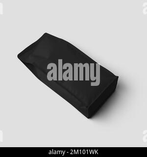 Black gusset pouch template for coffee, tea, premium bag presentation diagonally, close-up. Packaging mockup for design, pattern, advertising in a cof Stock Photo