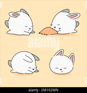 Illustration of lazy bunny expression, rabbit lazy lay on ground, rabbit eat snack flat vector illustration Stock Vector