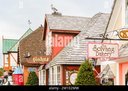 Solvang, California, USA - December 8, 2022 The Solvang Bakery on Main Street. Architecture, street view, traditional Danish Style, little Denmark in Stock Photo