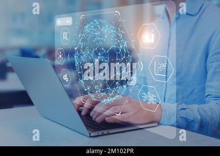 Data science and big data analysis technology. Data scientist working with complex visualization on computer screen. Data mining. Innovation in statis Stock Photo