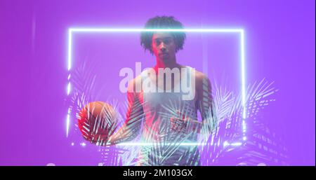 Composite of biracial basketball player with afro hair holding ball by rectangle and plants. Copy space, purple, sport, portrait, competition, illustr Stock Photo