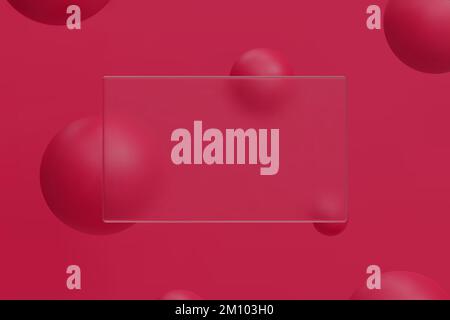 3d abstract background. Glass morphism concept with geometric shapes - sphere, ball, bubble. Frosted glass effect. Trendy viva magenta color 2023 Stock Vector