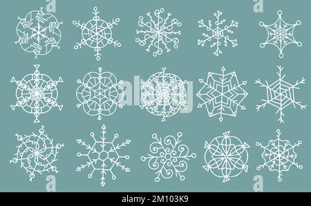 Big set of white snowflakes for Christmas and New Year decoration. For postcard, patern or badge. Isolated background. Vector. Stock Vector