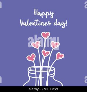 Valentines day greeting card in trendy colors pink and violet with hearts in a vase isolated on purple background Stock Vector