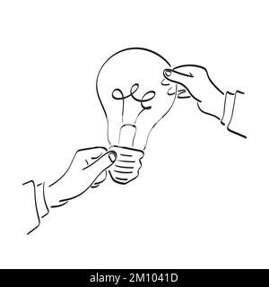 line art closeup hands of two businessmen holding bulb illustration vector hand drawn isolated on white background Stock Vector