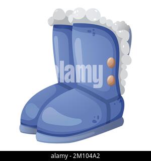 Winter warm blue ugg boots with grey fur. Hand drawn vector illustration on a white background. Stock Vector