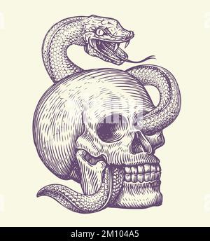 Human skull with crawling snake. Hand drawn sketch in vintage engraving style. Monochrome tattoo vector illustration Stock Vector