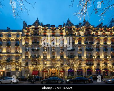 View of facade of Plaza Athenee Hotel with christmas decoration Stock Photo
