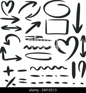 Hand drawn design elements set in doodle style. Arrows, brush strokes, markers, signs and symbols isolated black on white background. Simple ink Stock Vector