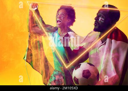 Geometric neon over african american fans with flags celebrating success during soccer match. Digital composite, yellow background, england flag, braz Stock Photo