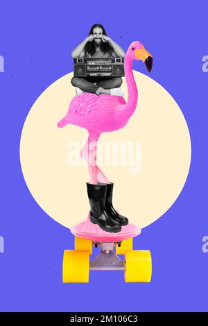 Creative photo 3d collage artwork poster of hippie man sit big flamingo move skate relax rest chill time isolated on painting background Stock Photo