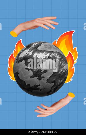 Exclusive magazine picture sketch collage image of arms tacking care heating planet isolated painting background Stock Photo