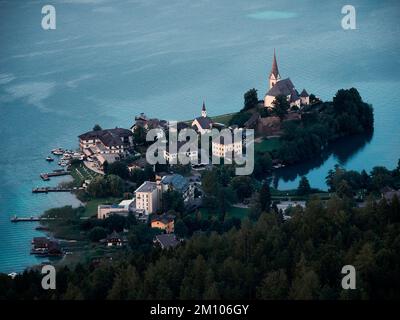 An aerial shot of the Maria Worth on Lake Worth in the southern Austrian state of Carinthia Stock Photo
