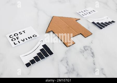 graphs with cost of living going up and real estate transaction going down next to cardboard house, concept of post pandemic economy during winter 202 Stock Photo