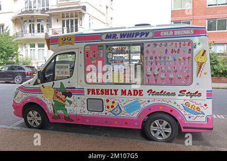 Pink ,Mr Whippy Ice cream Van, 99 Flakes , cold drinks, , Italian Style freshly made in Regents Park,  North London, England, UK, NW1 Stock Photo