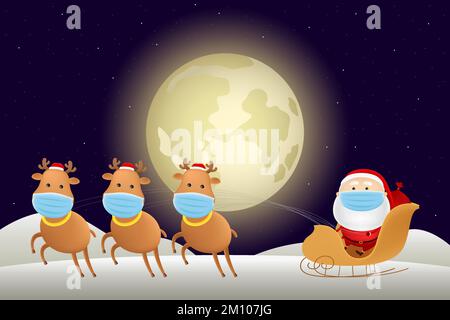 Santa Claus in medical mask riding on reindeer sleigh. Vector illustration. Stock Vector