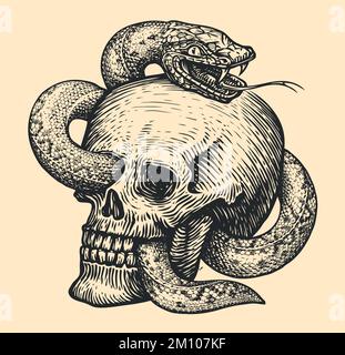 Venomous snake wraps around a human skull. Hand drawn sketch in vintage engraving style. Tattoo vector illustration Stock Vector