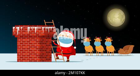 Santa and reindeers in masks standing on roof. Vector illustration. Stock Vector