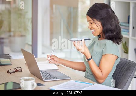 Business woman, phone call and talking with laptop, for conversation and planning. Black woman, entrepreneur and business owner speaking on smartphone Stock Photo