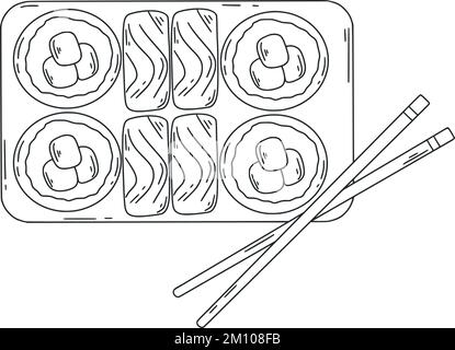 Sushi and chopsticks doodle illustration. Japanese traditional dish with rice fish vegetables isolated object. Ink sketch portion of sushi rolls Stock Vector