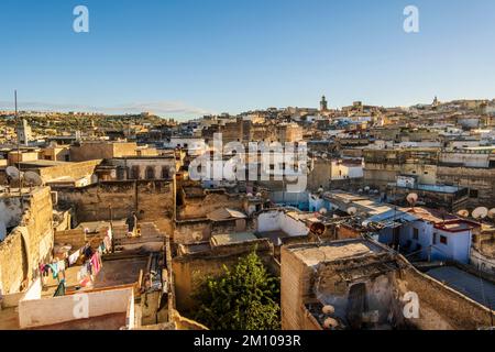 Aerial panoramic view of historic downtown called medina at sunset, Fez, Morocco, North Africa Stock Photo