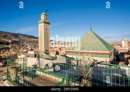 Famous al-Qarawiyyin mosque and University in heart of historic downtown of Fez, Morocco, North Africa. Stock Photo