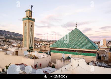 Famous al-Qarawiyyin mosque and University in heart of historic downtown of Fez, Morocco, North Africa. Stock Photo