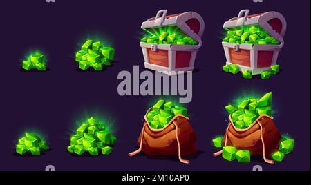 Set of gemstone pile, treasure chest and sack full of green mineral stones on dark background. Vector cartoon illustration of precious emerald crystals. Adventure game award, ui design elements Stock Vector