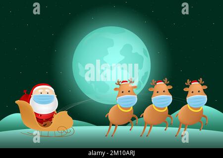 Santa in mask riding on reindeer sleigh. Vector illustration. Stock Vector