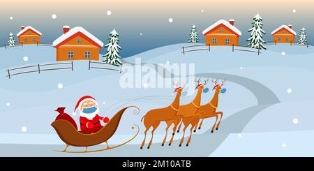 Santa in mask riding on reindeer sledge. Vector illustration. Stock Vector