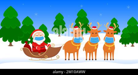 Santa Claus in mask riding on reindeer sledge. Vector illustration. Stock Vector