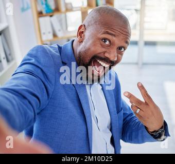 Black man, selfie and peace sign for business success while excited and excited about social media post or blog post about achievement or winning Stock Photo
