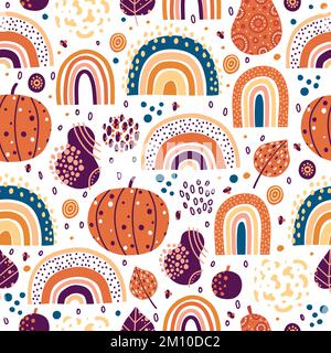 Autumn season dessert and drink flat vector seamless pattern. Pumpkin spice latte and cupcakes background, backdrop. Pie slice and leaves wrapping Stock Vector