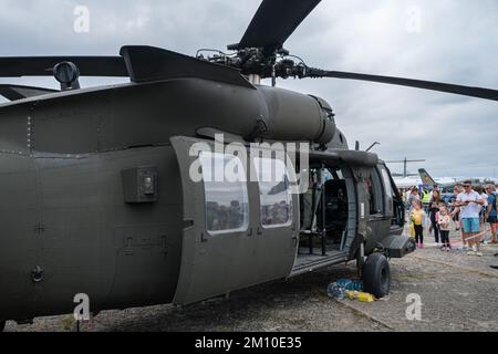 A closeup shot of a Sikorsky UH-60 Black Hawk helicopter demonstration at Bucharest Air Show Stock Photo