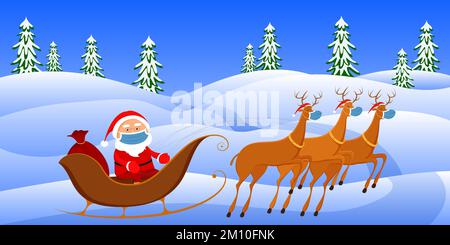 Santa Claus in medical mask riding on reindeer sledge. Vector illustration. Stock Vector