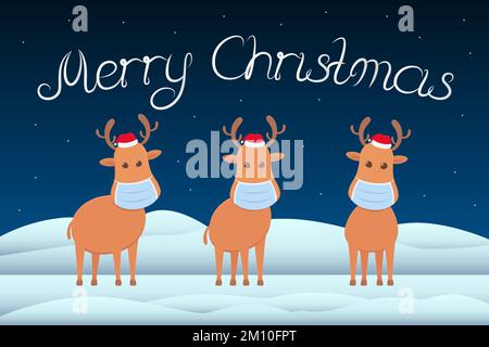 Christmas card. Reindeers in masks. Vector illustration. Stock Vector