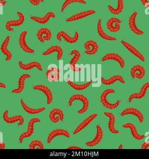 Red Cartoon Caterpillars Seamless Pattern Isolated on Green Background. Cute Summer Insects. Small Maggot Move. Butterfly Life Cycle Stock Vector