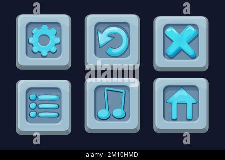 Set menu ui buttons on stone block in comic cartoon style, game design element, interface object isolated on white background. Vector illustration Stock Vector